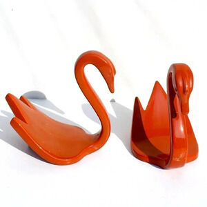2 Vintage Mid Century Modern Orange Pottery Swan Napkin Holder Table Decor